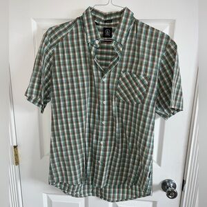 Men’s Volcom Large Plaid Button Down Shirt Aqua/Blue/Tan/Off-White/Red